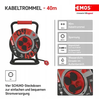 EMOS Kabelhaspel 40m Staal 4 Stopcontacten Waterdicht Buiten — miniatuur 2