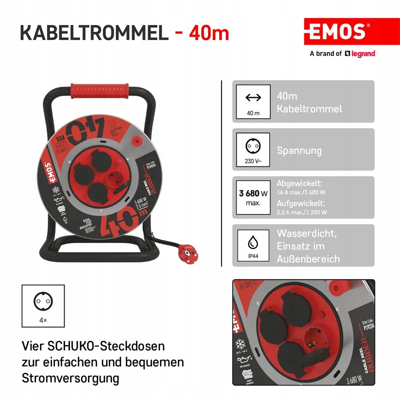 EMOS Kabelhaspel 40m Staal 4 Stopcontacten Waterdicht Buiten — foto 2