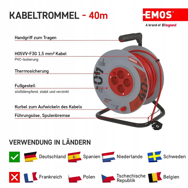 EMOS Kabelhaspel 40m 4 Stopcontacten 230V 16A IP20 Binnen — foto 3
