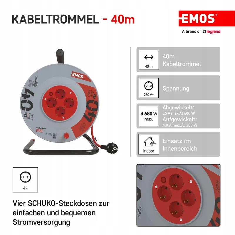 EMOS Kabelhaspel 40m 4 Stopcontacten 230V 16A IP20 Binnen — foto 2