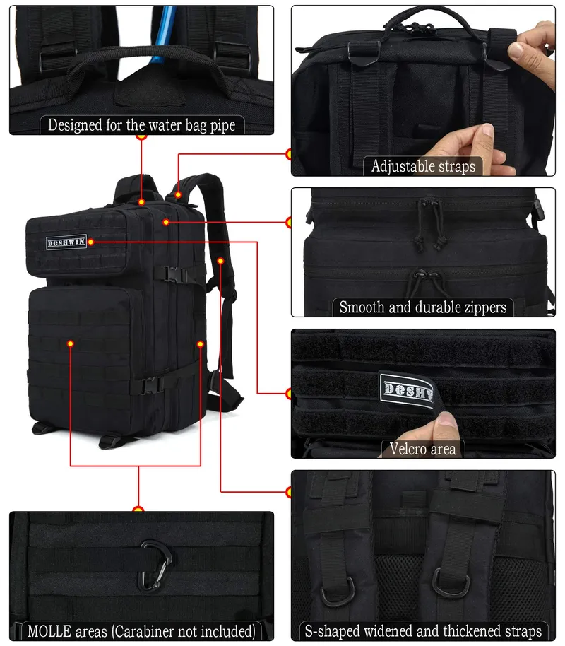 DOSHWIN Militaire Rugzak 40L Zwart Tactisch Molle Wandelen Camping — foto 3