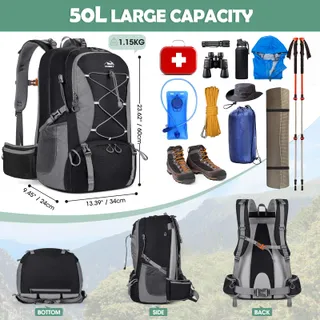 NUBILY Rugzak 50L Waterdicht Schoenenvak Natte Tas Zwart — miniatuur 5