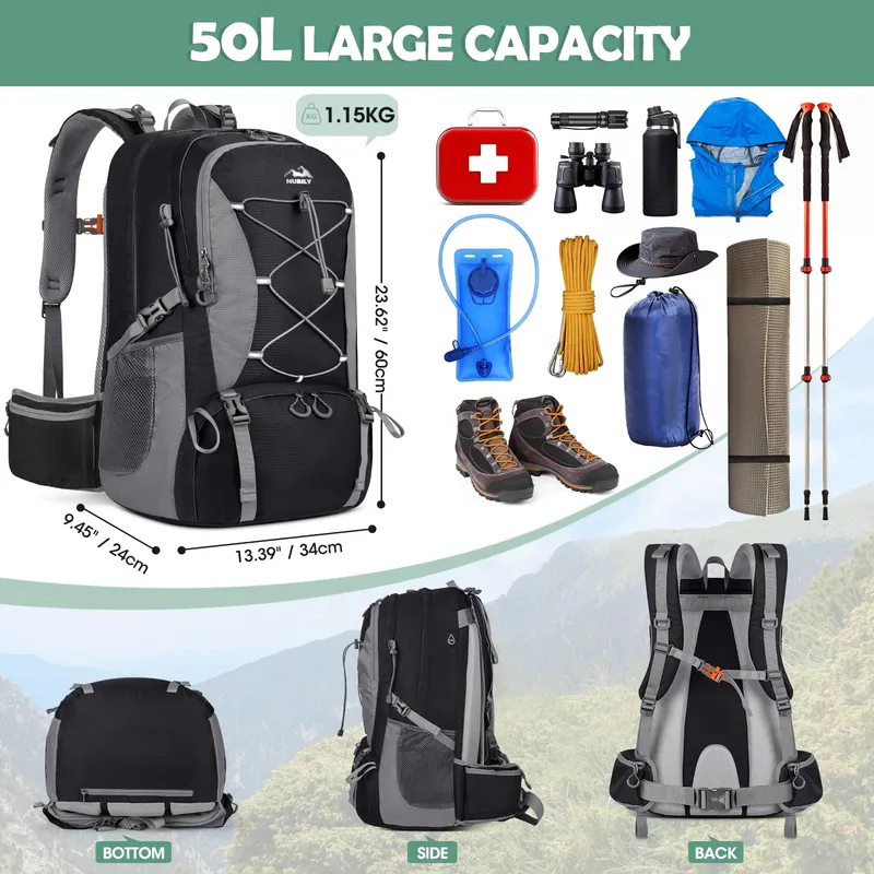 NUBILY Rugzak 50L Waterdicht Schoenenvak Natte Tas Zwart — foto 5