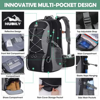 NUBILY Rugzak 50L Waterdicht Schoenenvak Natte Tas Zwart — miniatuur 3