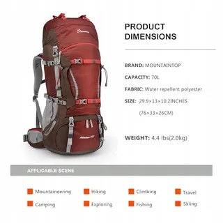 MOUNTAINTOP Trekkingrugzak 70L Intern Frame Camping Rood — miniatuur 3