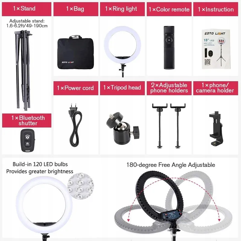 EOTO LIGHT LED Ringlicht 18 Inch Makeup Selfie Vlog Afstandsbediening — foto 5