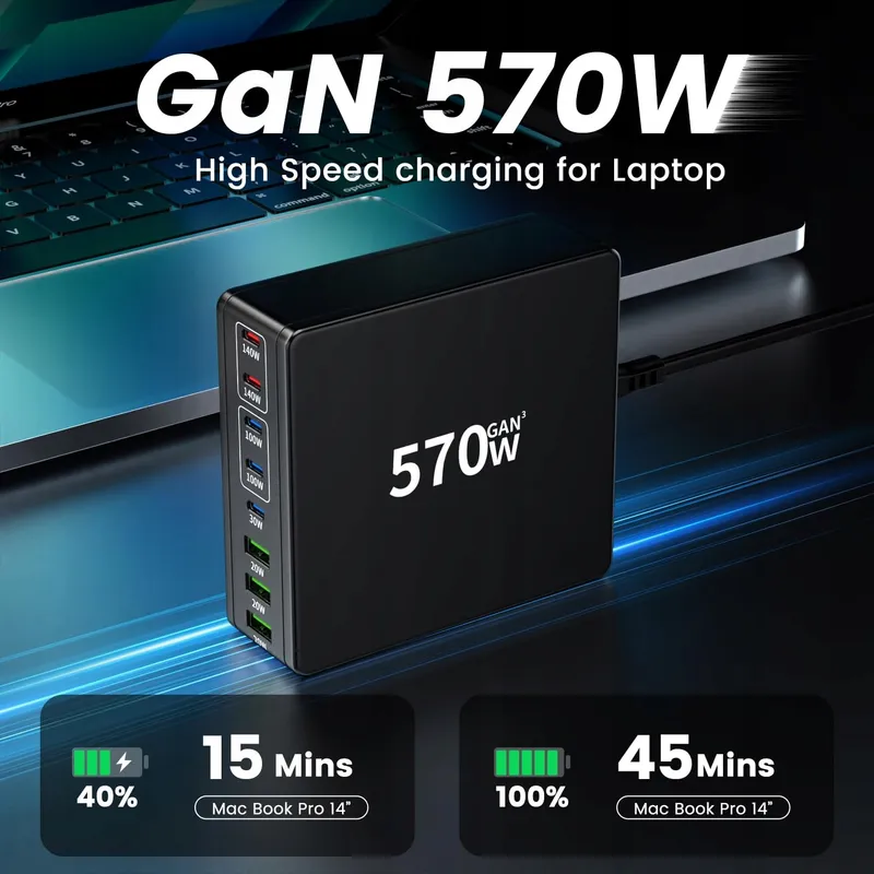 HSSNS USB C Oplader 570W 8-Poorts Laadstation Laptop MacBook iPhone — foto 2