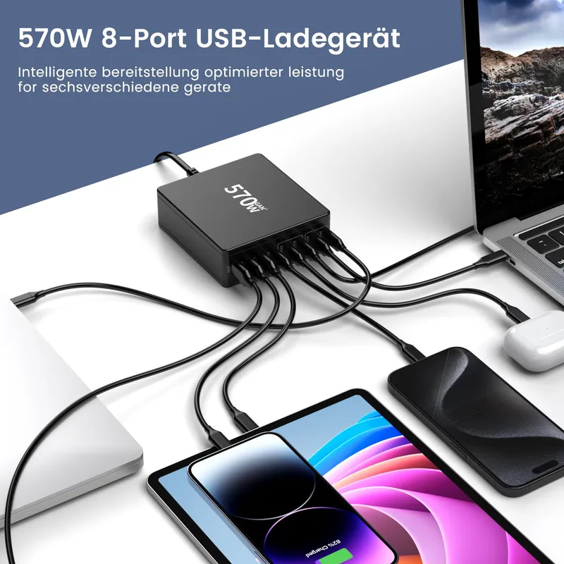 HSSNS USB C Oplader 570W 8-Poorts Laadstation Laptop MacBook iPhone — foto 3