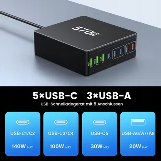 HSSNS USB C Oplader 570W 8-Poorts Laadstation Laptop MacBook iPhone — miniatuur 6