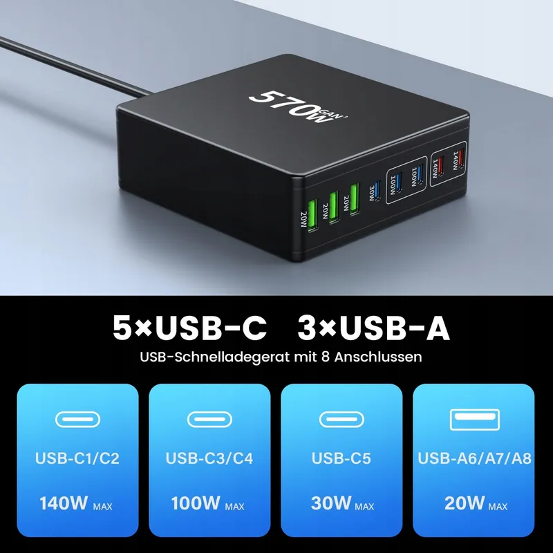 HSSNS USB C Oplader 570W 8-Poorts Laadstation Laptop MacBook iPhone — foto 6