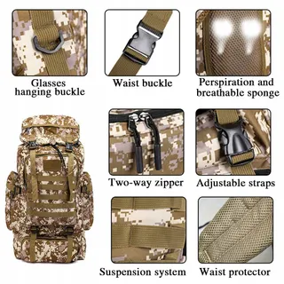 TOUYAKO Trekkingrugzak 80L Waterdicht Tactisch Militair Zwart — miniatuur 6