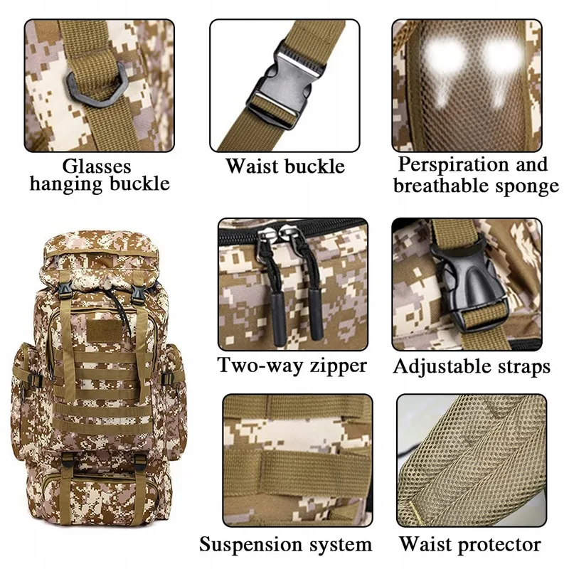 TOUYAKO Trekkingrugzak 80L Waterdicht Tactisch Militair Zwart — foto 6