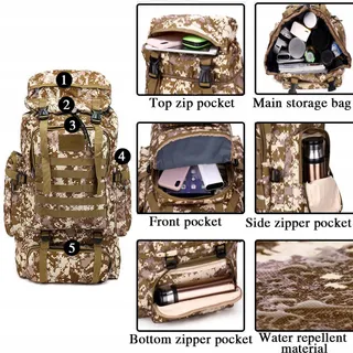 TOUYAKO Trekkingrugzak 80L Waterdicht Tactisch Militair Zwart — miniatuur 5