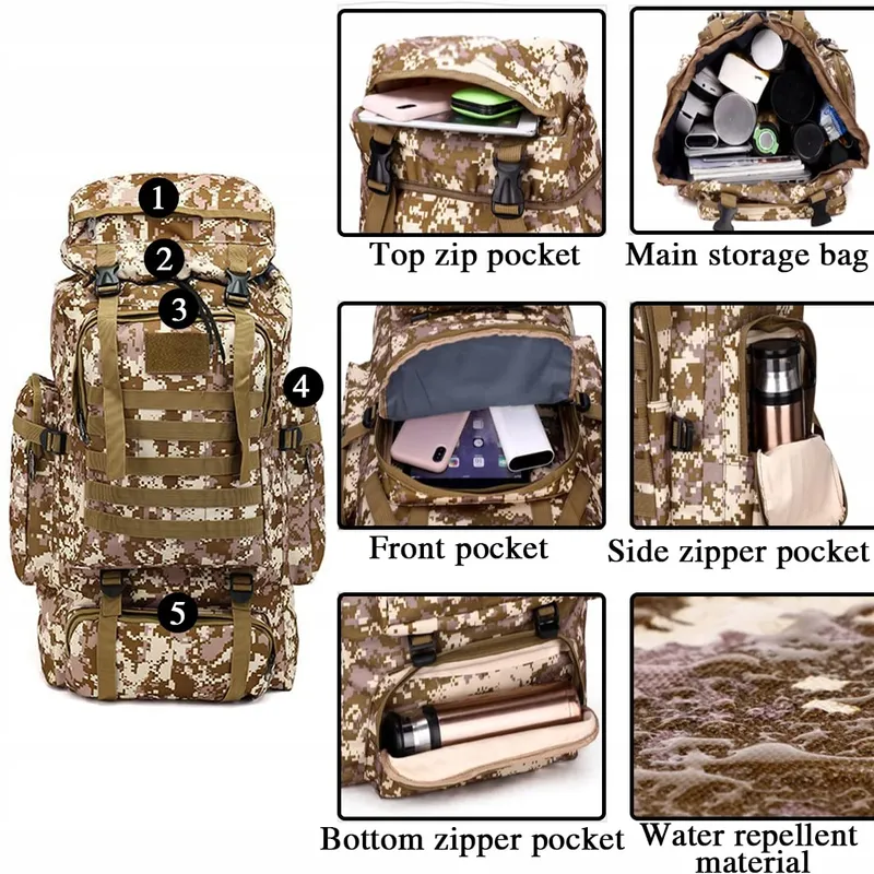 TOUYAKO Trekkingrugzak 80L Waterdicht Tactisch Militair Zwart — foto 5