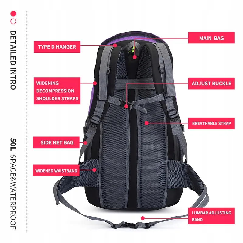 BSEASH Waterdichte Wandelrugzak 50L Voor Klimmen Camping Reizen — foto 6