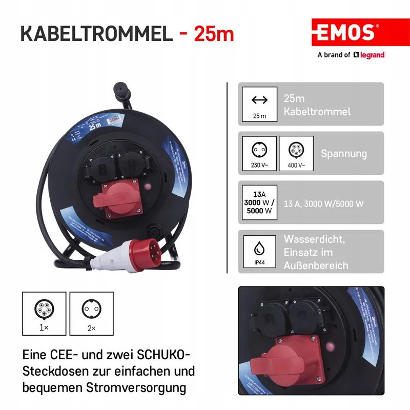 EMOS Kabelhaspel 25m 3 Stopcontacten Waterdicht Buiten Camping — foto 2