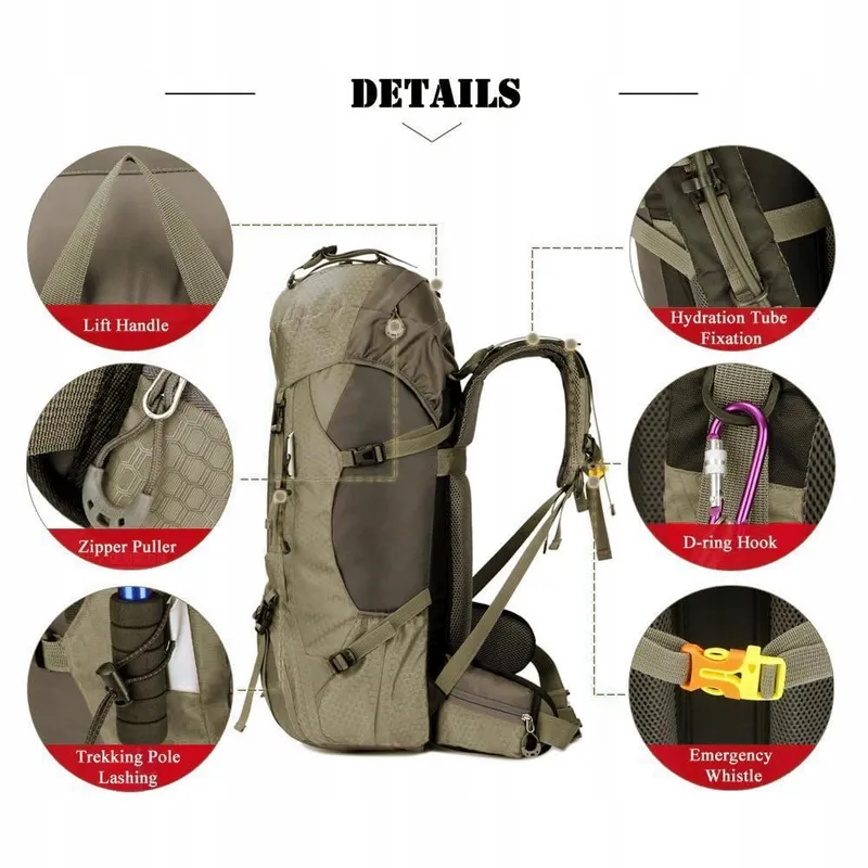 BSEASH Wandelrugzak 60L Waterdicht met Regenhoes Outdoor — foto 3