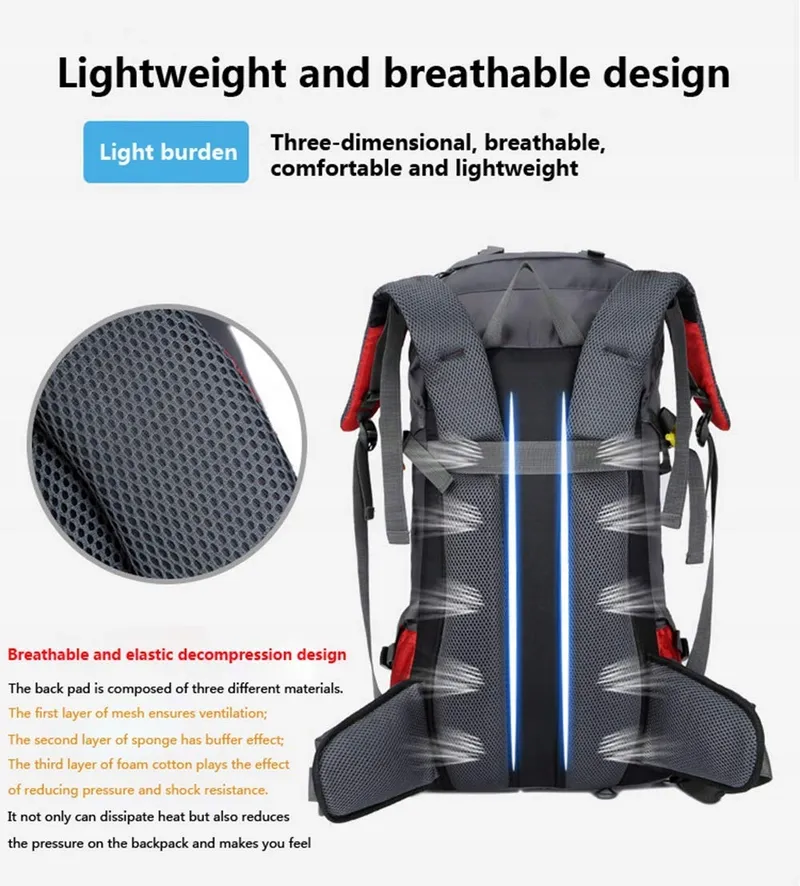BSEASH Wandelrugzak 60L Waterdicht met Regenhoes Outdoor — foto 8