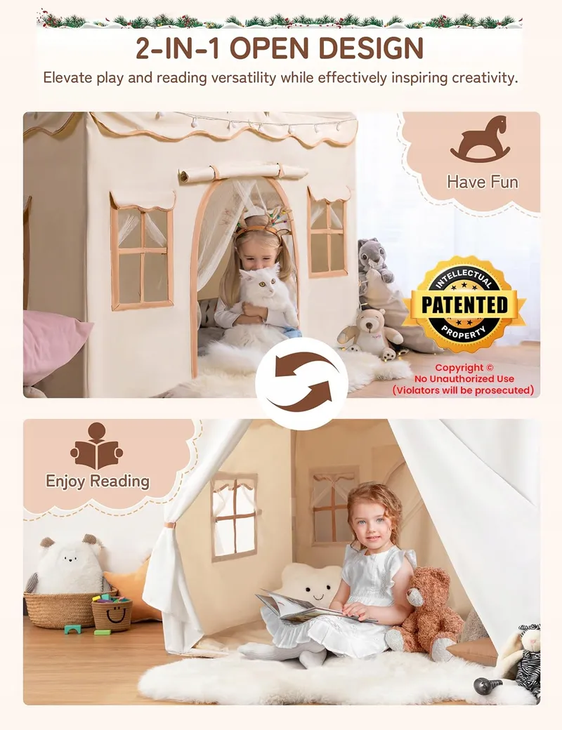 BESREY Kindertent 2-in-1 met Mat en Lichtjes Beige — foto 2