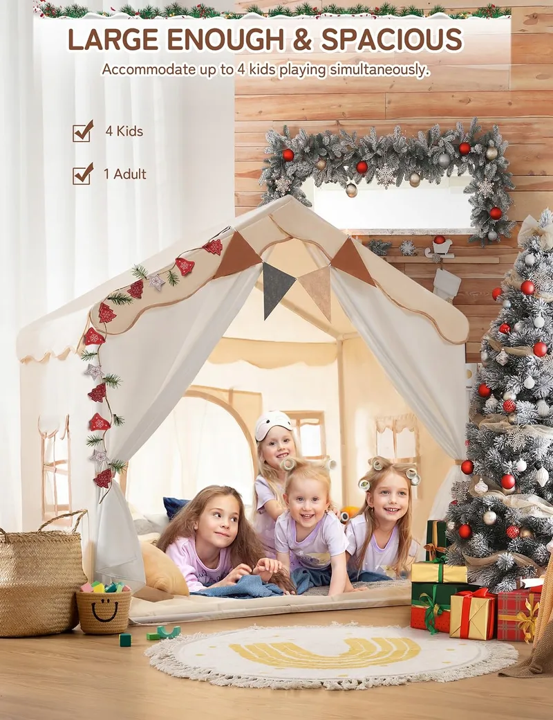 BESREY Kindertent 2-in-1 met Mat en Lichtjes Beige — foto 5