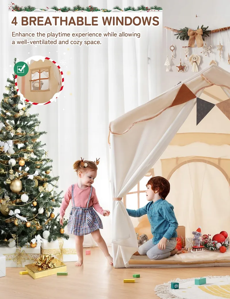 BESREY Kindertent 2-in-1 met Mat en Lichtjes Beige — foto 6