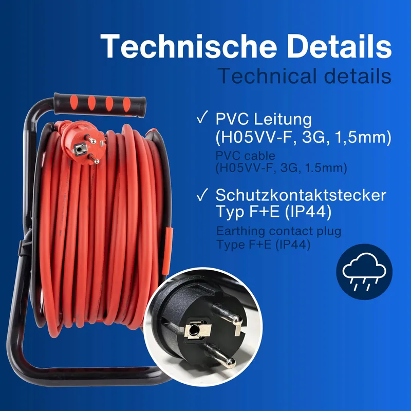 REV Kabelhaspel 40m H07RN IP44 3000W Verlengkabel 4 Stopcontacten — foto 6