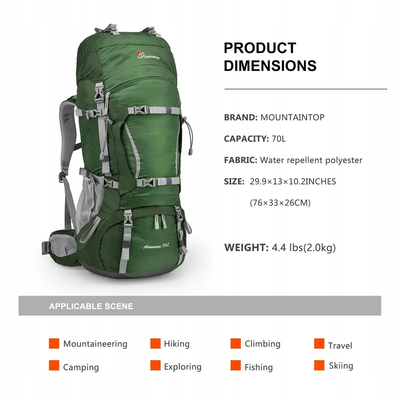MOUNTAINTOP Trekkingrugzak 70L Waterdicht met Regenhoes — foto 2