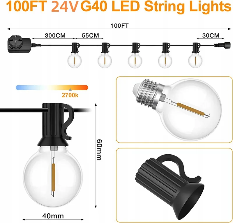 SUWIN LED Lichtsnoer Tuin Terras 30M G40 Lampen Waterdicht — foto 4