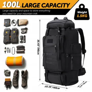 LYTECH Trekkingrugzak 100L Waterdicht Wandelen Zwart — miniatuur 4