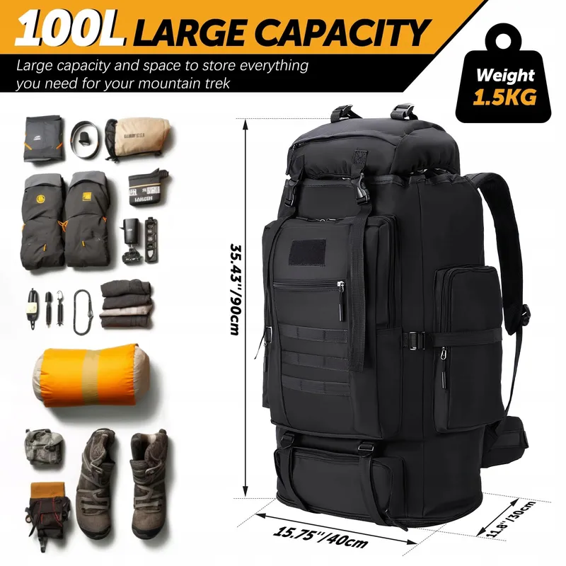 LYTECH Trekkingrugzak 100L Waterdicht Wandelen Zwart — foto 4
