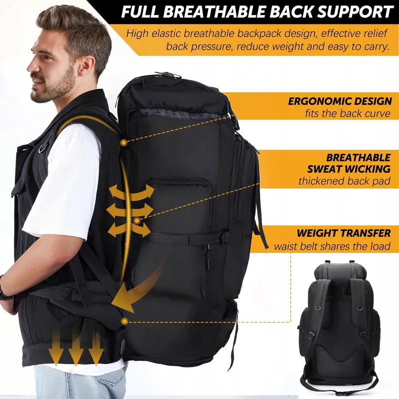 LYTECH Trekkingrugzak 100L Waterdicht Wandelen Zwart — foto 6