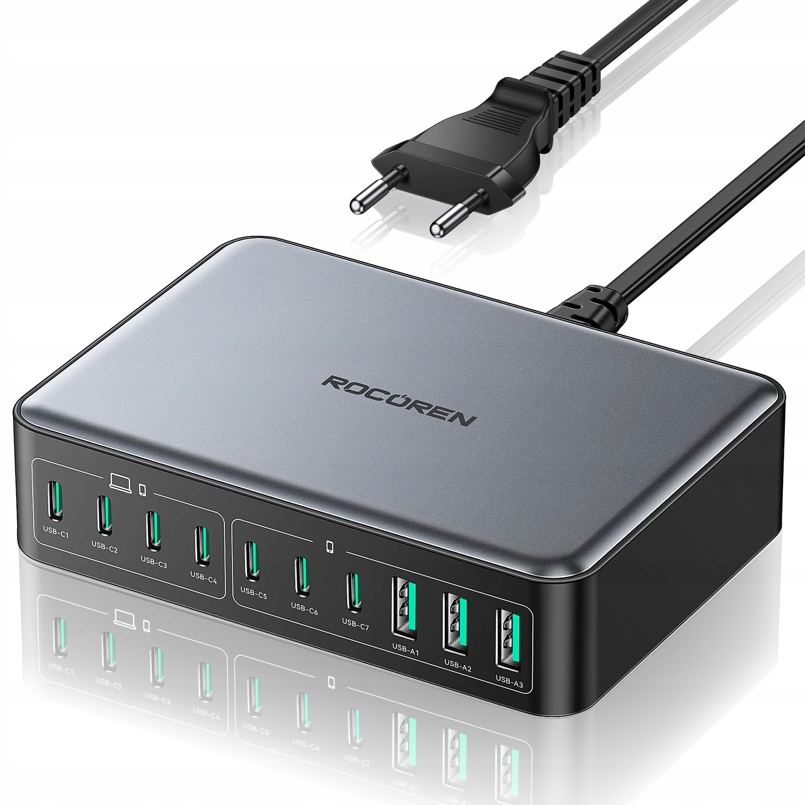 ROCOREN GaN USB-C Oplader 480W 10-Poorts Laptop Laadstation