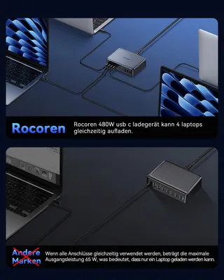 ROCOREN GaN USB-C Oplader 480W 10-Poorts Laptop Laadstation — miniatuur 8