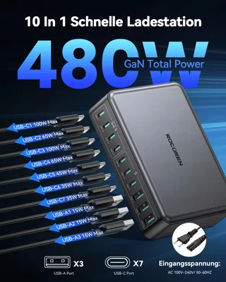 ROCOREN GaN USB-C Oplader 480W 10-Poorts Laptop Laadstation — miniatuur 3