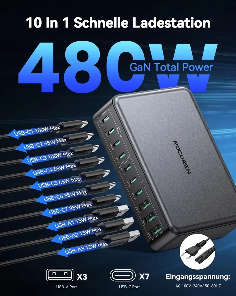 ROCOREN GaN USB-C Oplader 480W 10-Poorts Laptop Laadstation — foto 3