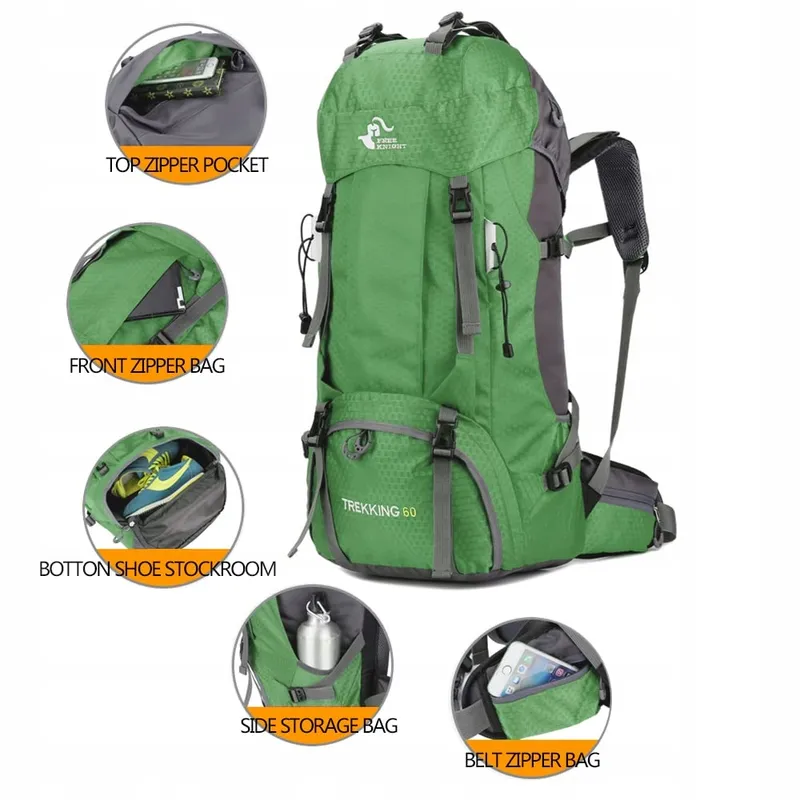 BSEASH Wandelrugzak 60L Waterdicht Licht met Regenhoes Groen — foto 3