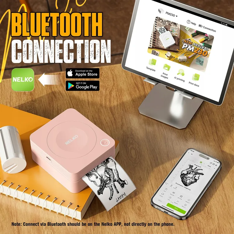 NELKO PM230 Mini Bluetooth Stickerprinter Roze + 3 Rollen Papier — foto 2