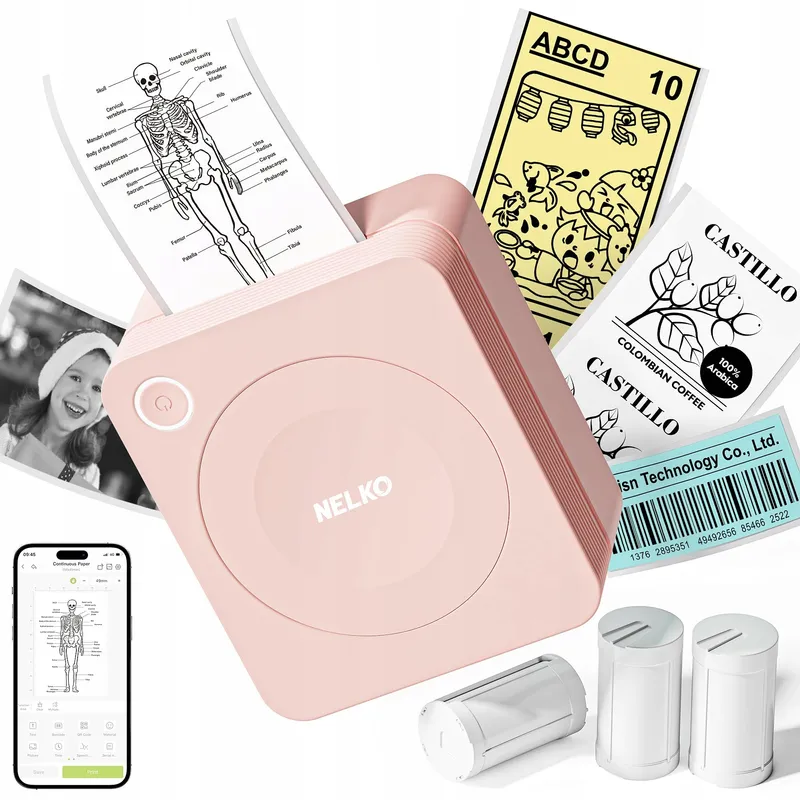 NELKO PM230 Mini Bluetooth Stickerprinter Roze + 3 Rollen Papier — foto 1