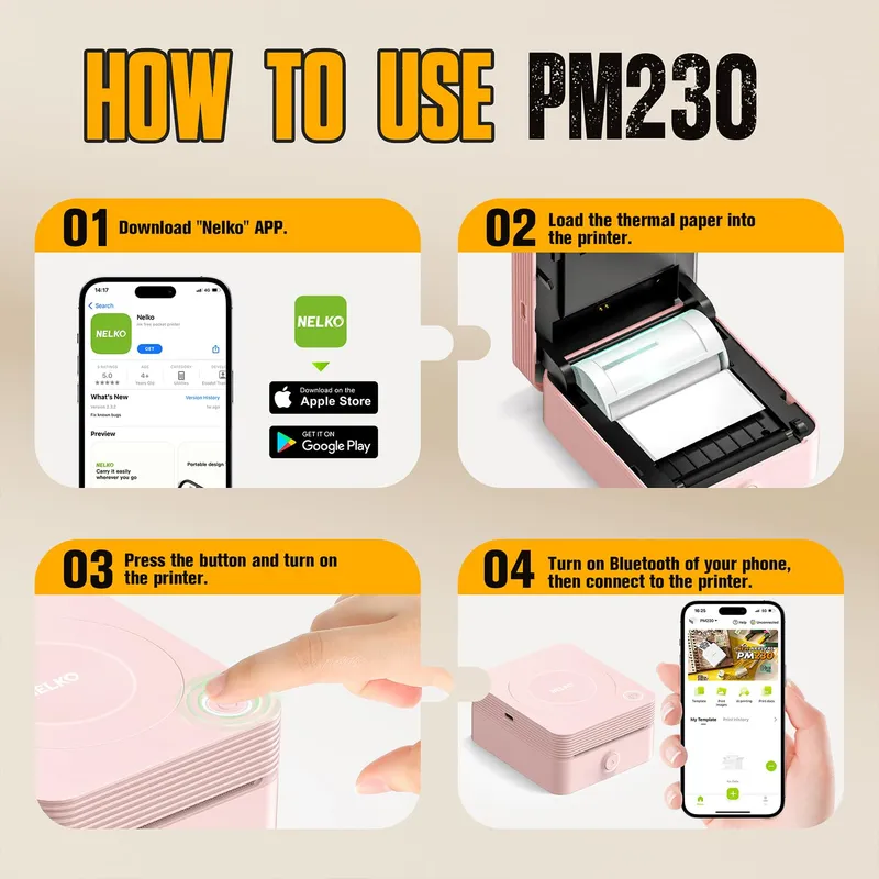 NELKO PM230 Mini Bluetooth Stickerprinter Roze + 3 Rollen Papier — foto 9