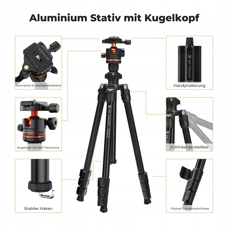 K&F CONCEPT Aluminium Statief 178cm met Telefoonhouder Reisstatief — foto 3