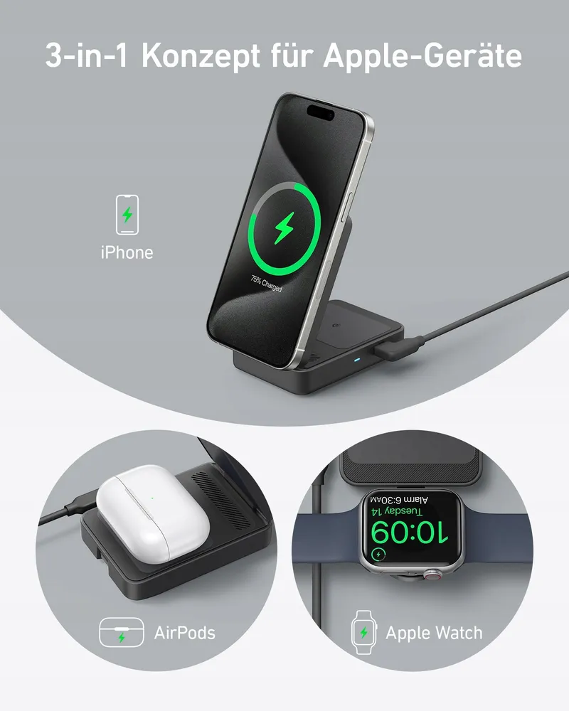 ANKER MagGo Laadstation 3-in-1 Qi2 15W MagSafe iPhone AirPods Watch — foto 5