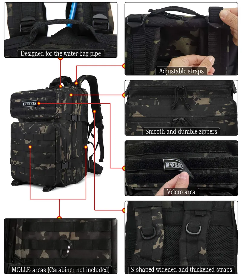 DOSHWIN Militaire Rugzak 40L Tactisch Molle Camping Trekking Zwart — foto 3