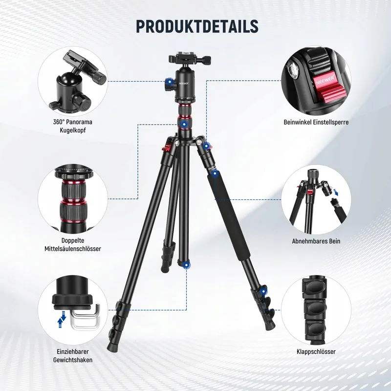 NEEWER TP77 Camerastatief 77 Inch DSLR Telefoon 360 Kogelkop Aluminium — foto 8