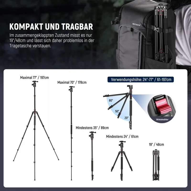 NEEWER TP77 Camerastatief 77 Inch DSLR Telefoon 360 Kogelkop Aluminium — foto 7