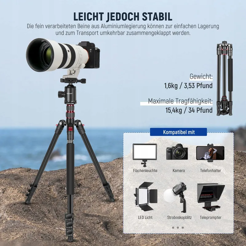 NEEWER TP77 Camerastatief 77 Inch DSLR Telefoon 360 Kogelkop Aluminium — foto 2