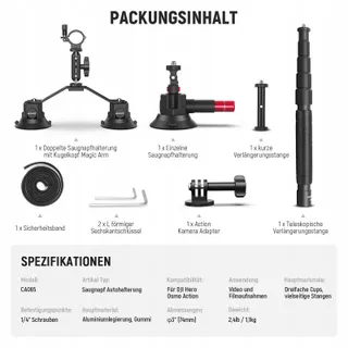 NEEWER Drievoudige Zuignaphouder Auto met Selfiestick en GoPro Houders — miniatuur 8