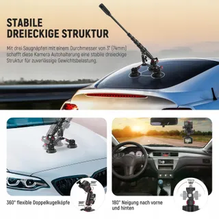 NEEWER Drievoudige Zuignaphouder Auto met Selfiestick en GoPro Houders — miniatuur 4