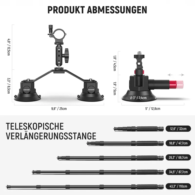 NEEWER Drievoudige Zuignaphouder Auto met Selfiestick en GoPro Houders — foto 5
