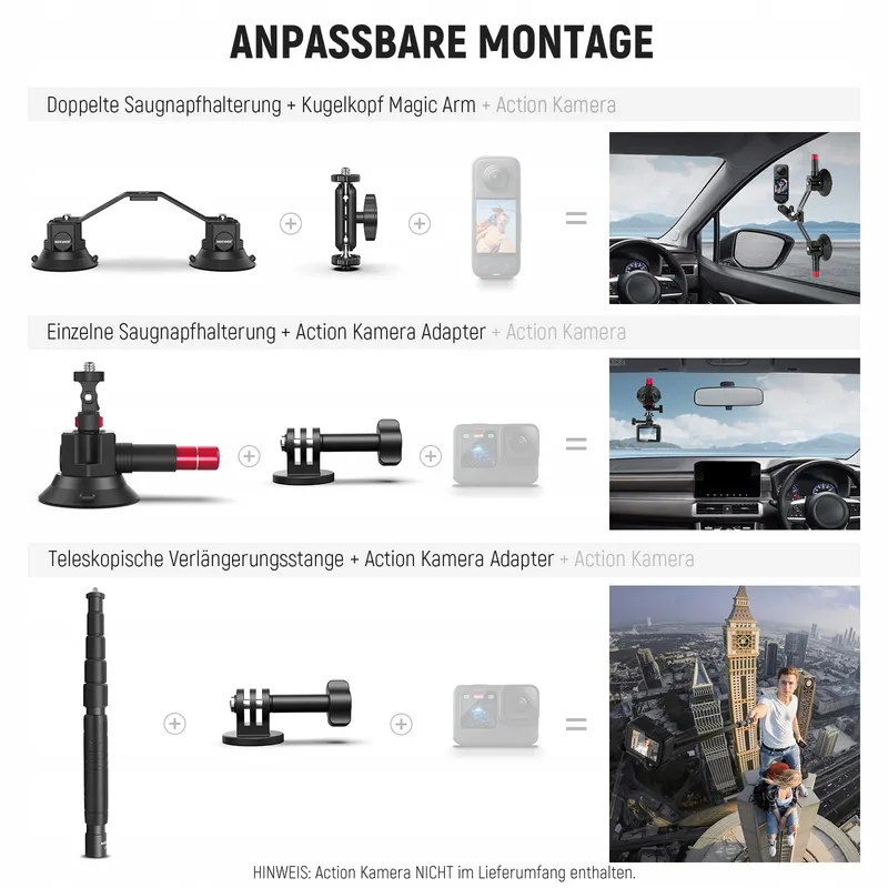 NEEWER Drievoudige Zuignaphouder Auto met Selfiestick en GoPro Houders — foto 6