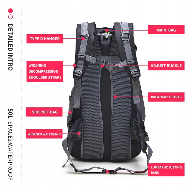 BSEASH 50L Lichtgewicht Waterdicht Wandelrugzak Outdoor Groen — foto 7
